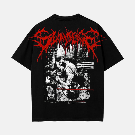 Black t-shirt with red and white graphic design on a white background