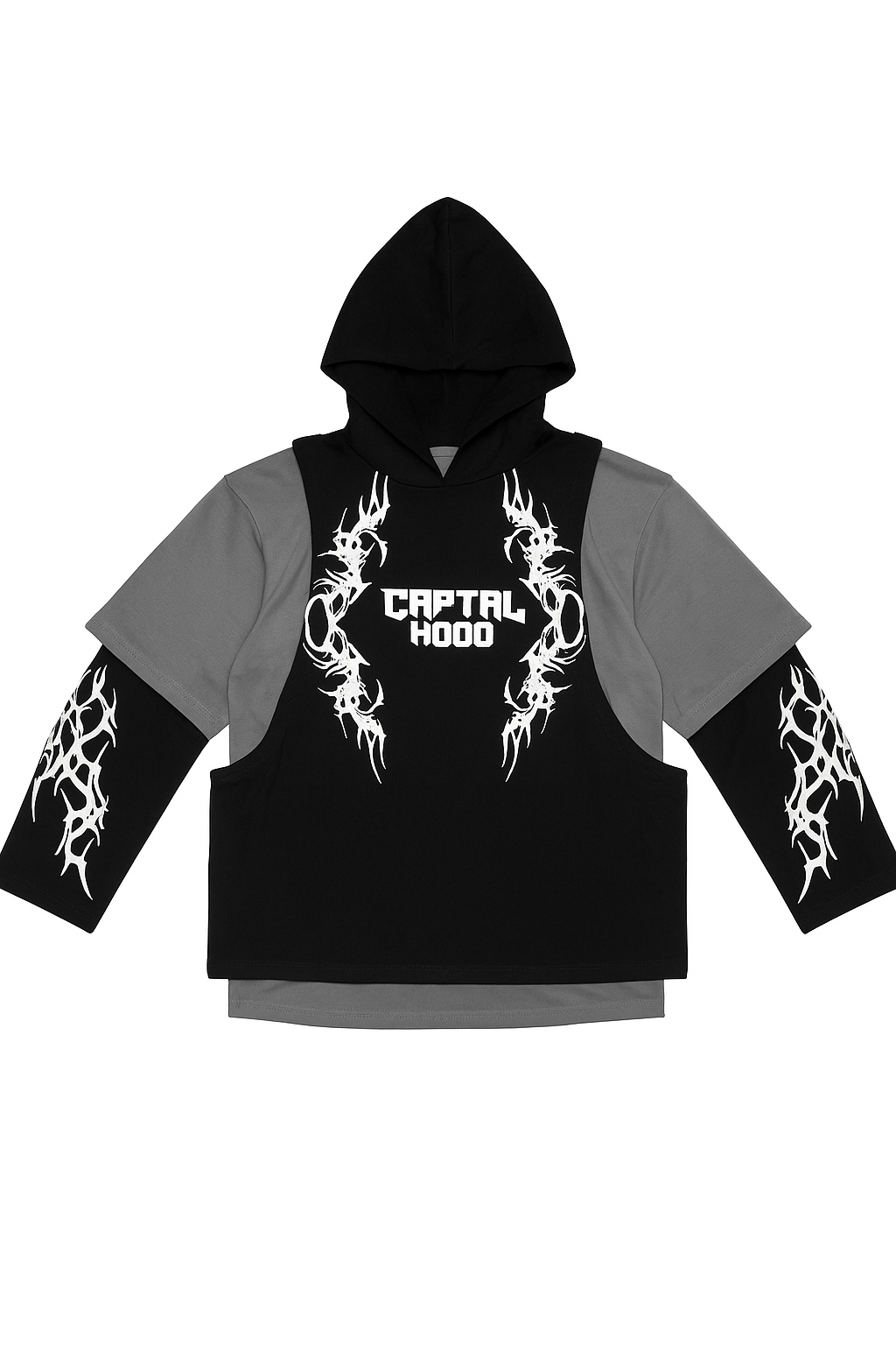Cartal Hood Tribal Clash oversized streetwear hoodie black and grey with white tribal graphics