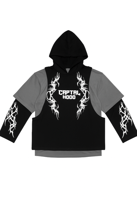 Cartal Hood Tribal Clash oversized streetwear hoodie black and grey with white tribal graphics